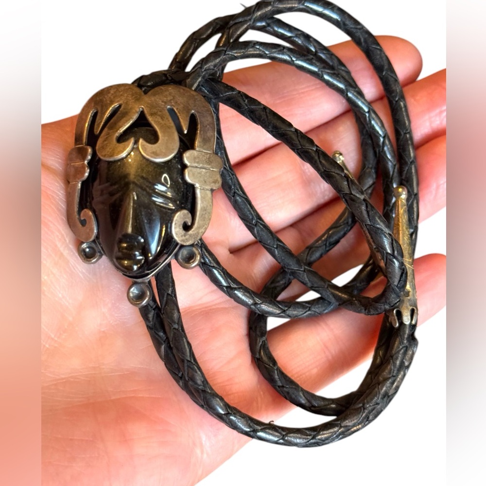 Vintage JH 925 Mexico Black onyx Leather Necklace Aztec Mayan Mask BOLO Pendant